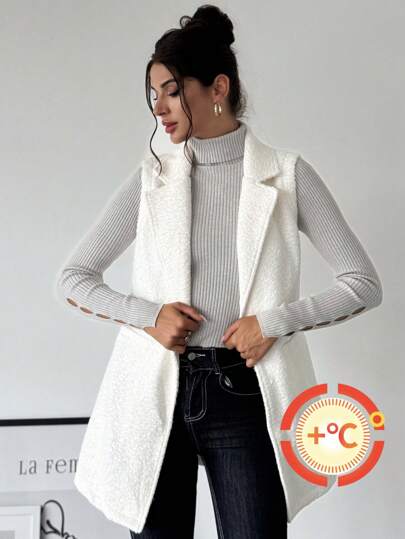 SHEIN Privé Fluffy Beige Lapel Sleeveless Woolen Cardigan, Office Wear Sleeveless Coat