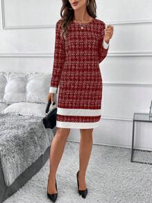 SHEIN Clasi 女士优雅拼色针织中长连衣裙，时尚百搭 - 酒紅色 - 查看 5