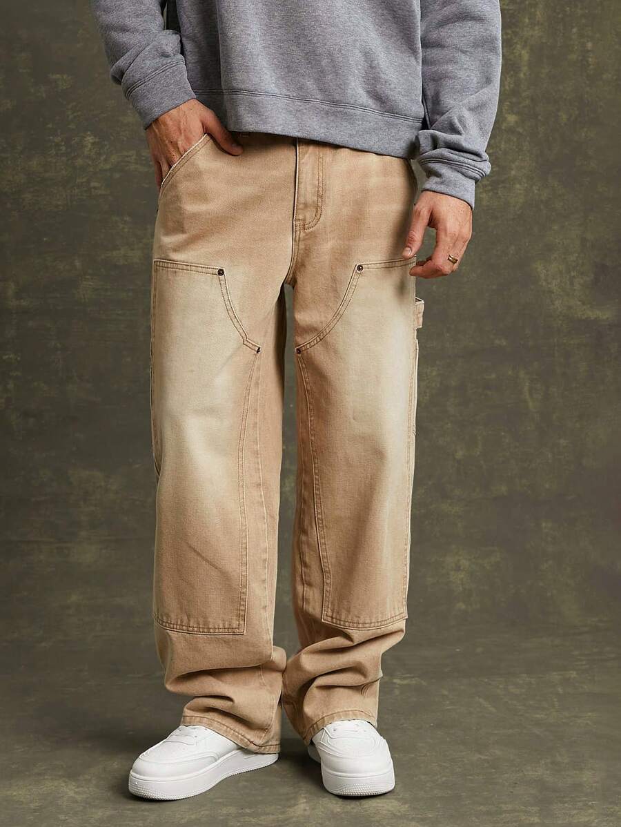 Men Premium Cotton Denim Straight Leg Utility Jeans - Camel - View 1