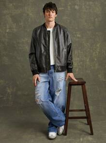 Men Premium 91% Cotton Denim Ripped Straight Leg Jeans