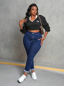 SHEIN SXY 大码女式牛仔裤 紧身高腰裤 蓝色高腰女式牛仔裤 - 深色水洗藍 - 查看 6