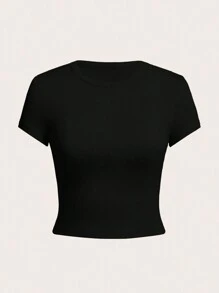 SHEIN Tween Girl Solid Color Round Neck Short Sleeve Casual T-Shirt