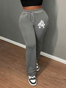 Slaydiva Pantalones de chándal informales con estampado de cruz y cordón en la cintura, para otoño