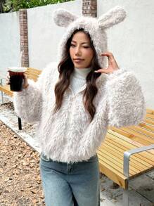 SHEIN EZwear 女士新款带耳朵毛绒连帽夹克 - 杏色 - 查看 1