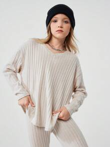 SHEIN 两件套青少年女孩秋冬日常穿着保暖罗纹针织弹力米色宽松 V 领上衣和打底裤/紧身裤感恩节 - 杏色 - 查看 3