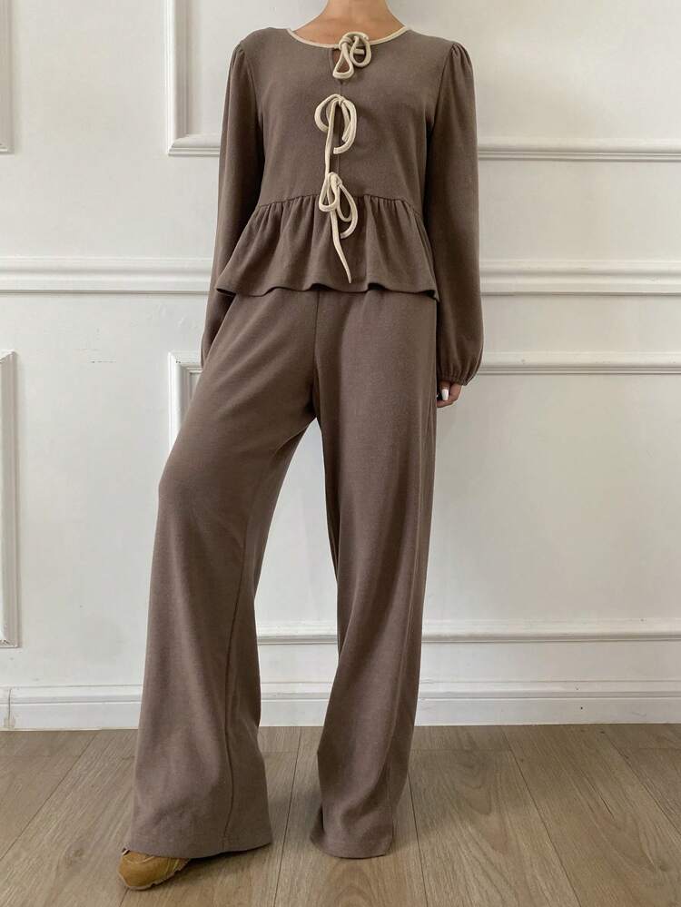 Women Color Block Bow Decor Lantern Sleeve Peplum Top & Straight Leg Loose Pants 2 Pieces Set, Spring/Autumn,Fall Women Clothes