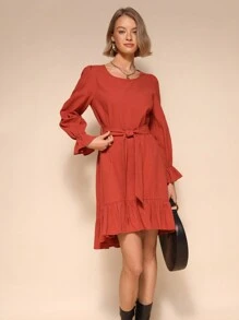SHEIN Unity 1pc Women's Solid Color Crew Neck Long Sleeve Simple Casual Tie-Up Dress, Chic And Elegant Fall Cloth For Women - Redwood - View 6