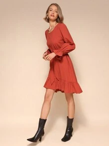 SHEIN Unity 1pc Women's Solid Color Crew Neck Long Sleeve Simple Casual Tie-Up Dress, Chic And Elegant Fall Cloth For Women - Redwood - View 5