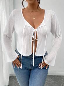 SHEIN Frenchy Women Plus Size Tie Front Twist Long Sleeve Top - White - View 3