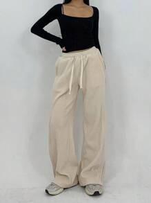 DAZY Pantalones anchos de unicolor, holgados y con forro térmico grueso, con cordón, cintura elástica y bolsillos, para mujer, con forro térmico para otoño e invierno - Beis - Ver 3