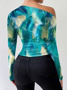 Chiquease 扎染印花不对称肩部褶皱长袖T恤 女士春季上衣 - 綠色 - 查看 2