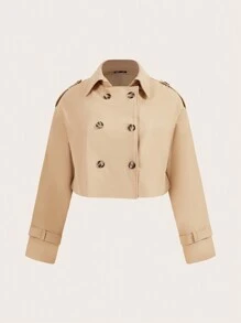 SHEIN BAE 大码秋季优雅通勤女式卡其色短款宽松风衣工作夹克街头夹克 - 摩卡棕 - 查看 10