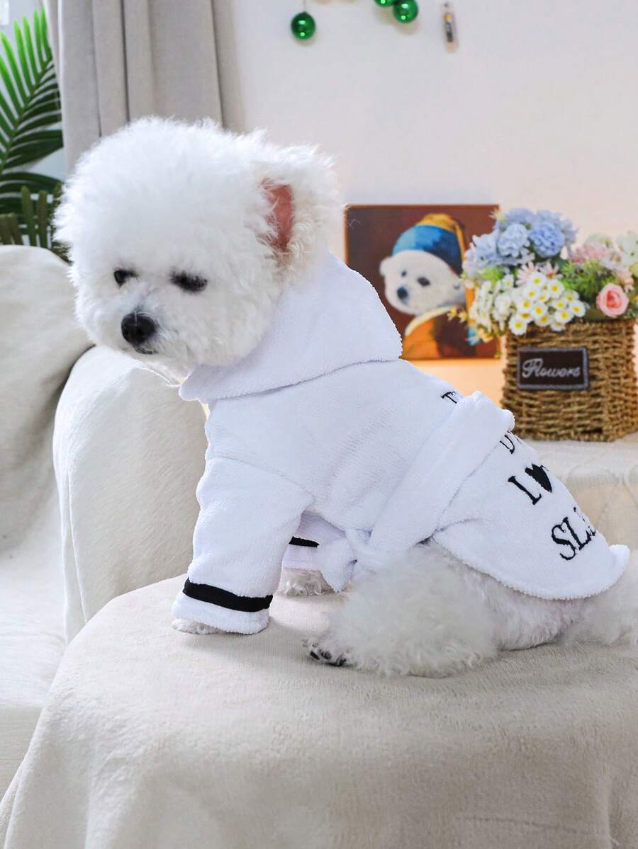 PETSIN 1pc Pet White Bathrobe Embroidered English Text Hooded Open
