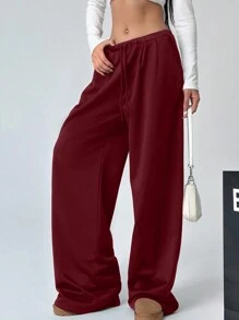 Muchica Quần dài thể thao ống rộng cạp chun rút màu trơn cho nữ - Màu Đỏ Sâu - Xem 5