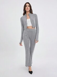 SHEIN EZwear Bộ đồ 2 món cho nữ: Áo khoác lông cừu dài tay có khóa kéo và quần ống loe, Thu/Đông - Xám - Xem 4