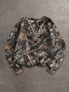 SHEIN EZwear 休闲迷彩豹纹图案圆领长袖宽松女式运动衫，适合夏季 - 墨綠色 - 查看 3