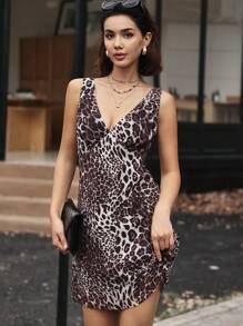 SHEIN BAE Women Leopard Print V-Neck Sleeveless Mini Dress - Multicolor - View 3