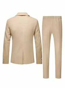 Manfinity Mode Men Solid Color Patch Pocket Design Suit Jacket And Pants Two Pieces Suit, Pink Suit Men Suit Set, Men Pink Suit, Men Suit, Men Wedding Suit - Khaki - View 2