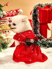 PETSIN 1st fluwelen sneeuwvlok metallic zilveren ruche rand huisdier hond kerstjurk, grote rode kleur