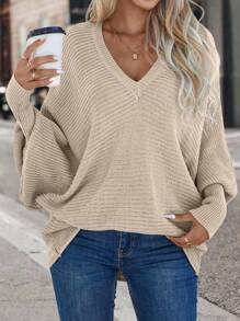 SHEIN LUNE 休闲简约V领蝙蝠袖毛衣，适合秋冬季针织套头衫 - 杏色 - 查看 3