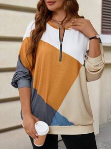 EMERY ROSE Plus Size Plain Color Patchwork Front Zip Long Sleeve Casual Sweatshirt - Multicolor - View 3