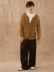 Men Brushed Crewneck Cardigan Sweater - Olive Green - View 2