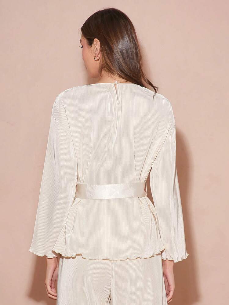 1pc Women Casual Solid Color Pleated Long Sleeve Blouse, Autumn