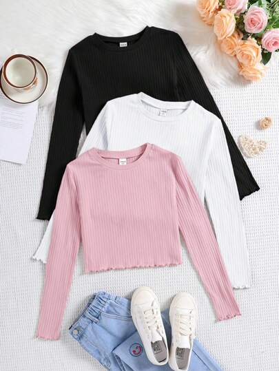 SHEIN Tween Girls 3pcs/Set Ribbed Knit Fitted Short Style Casual Long Sleeve T-Shirts, For Fall And Winter