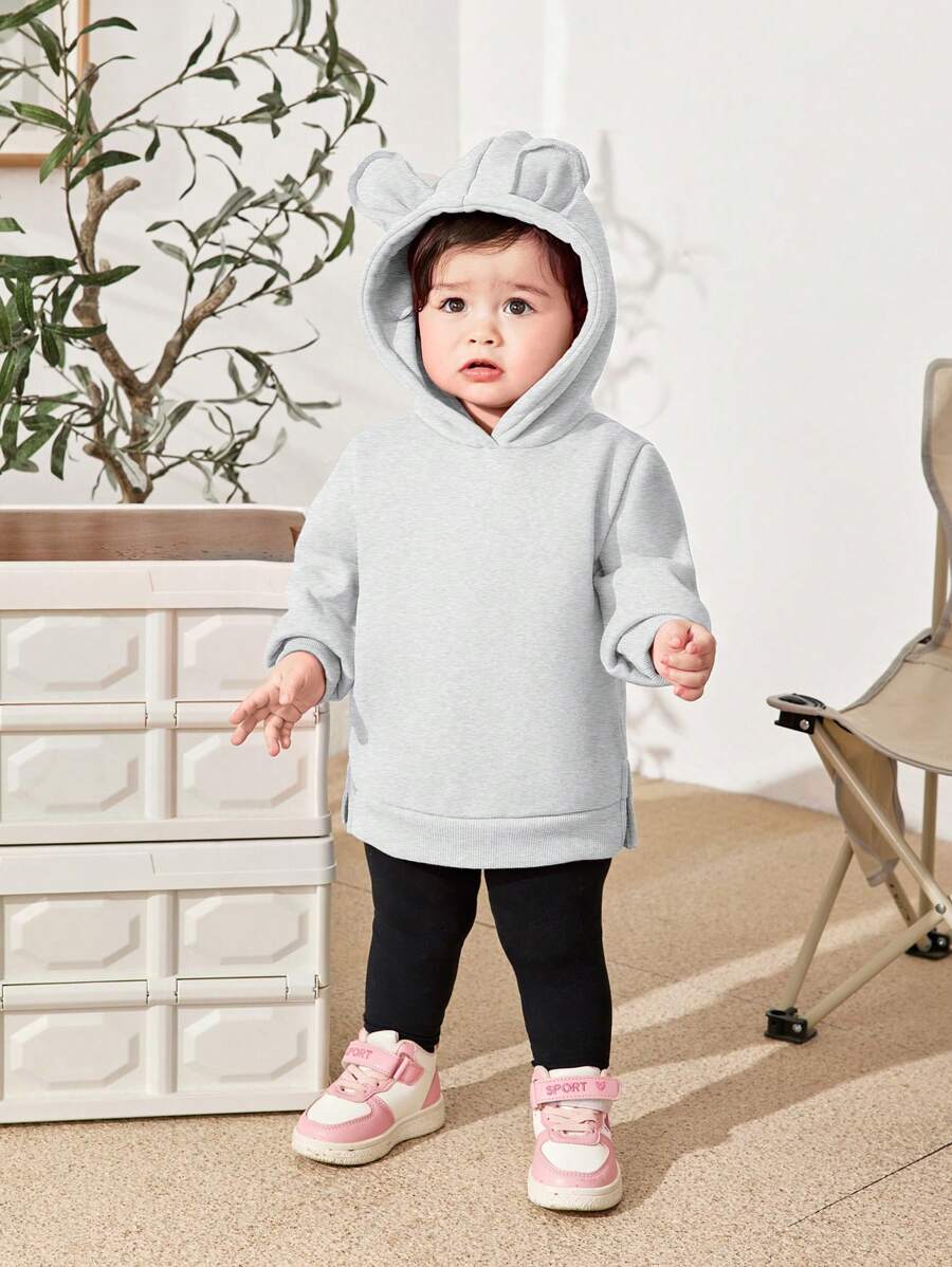 SHEIN 女婴可爱百搭 3D 耳朵连帽羊毛运动衫，秋冬