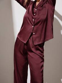 LUVLETTE Weihnachts- und Neujahrspyjamas Herbst und Winter Rot & Burgund Grundlegende Satin Einfarbig Knopf-Oben Pyjama & Loungewear Sets für Frauen Pyjama Sets für Frauen Herbst Pyjamas Kleidung