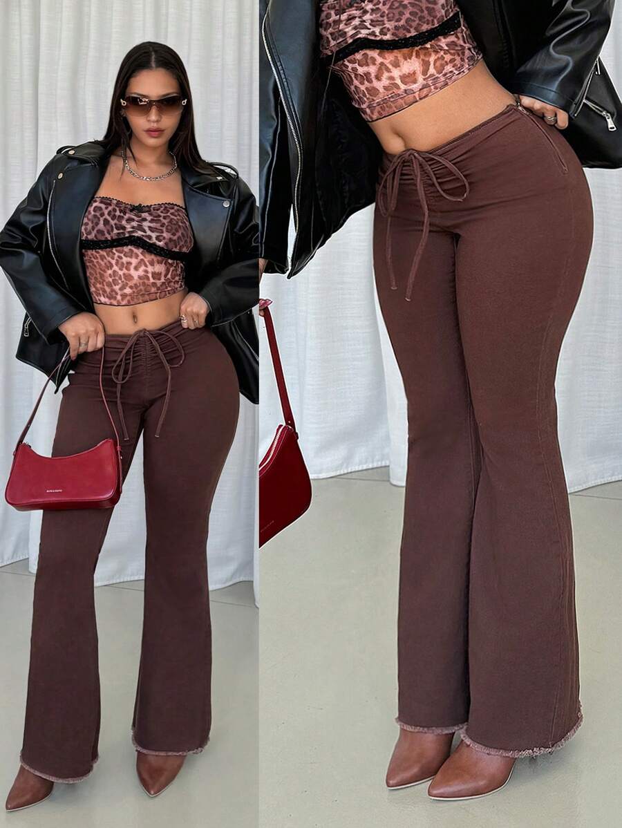 TrendSteals 女式休闲纯色抽绳紧身喇叭牛仔裤 - 鏽棕色 - 查看 1