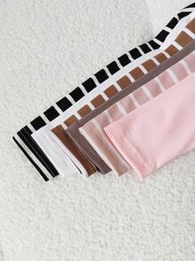 6 件装女婴条纹纯色长袖 T 恤，百搭、舒适、时尚，适合秋季 - 彩色 - 查看 5