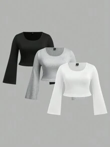 Flirla Plus Size Solid Color Crew Neck Long Sleeve Cropped Top, Casual Daily Wear