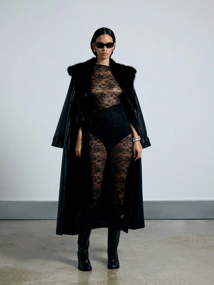 Sheer Lace See-Through Sleeveless Flower Detail Midi Dress With Knickers