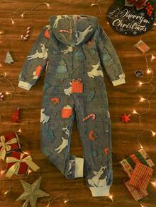 Bộ đồ liền thân dài tay in họa tiết Giáng sinh đơn giản màu xanh xám cho bé trai, thoải mái và ấm áp, mặc ở nhà - Nhiều màu - Xem 2