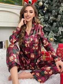 圣诞熊格子图案缎面女士睡衣套装，秋冬服装 - 彩色 - 查看 7