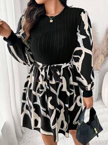 SHEIN Frenchy Vestido de manga larga con cuello redondo, talla grande, de pana con estampado geométrico y parches