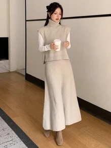 DAZY 2 件套女士纯色高领无袖上衣和裙子，优雅针织毛衣套装，适合秋冬 - 卡其色 - 查看 4