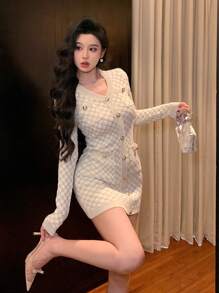 DAZY Women V-Neck Textured Plaid Mini Sweater Dress,Fall Clothes - Beige - View 6