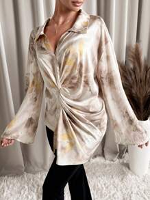 SHEIN Clasi 1pc Women Elegant Full-Graphic Print Twist Design Long Sleeve Blouse