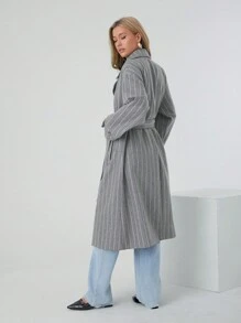SHEIN EZwear 女士秋冬翻领长袖条纹中长款宽松休闲羊毛夹克 - 灰色 - 查看 2