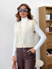 RueChic Women Contrast Trim Button Placket Fluffy Knit Sleeveless Cardigan - Apricot - View 5