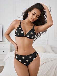 GARFIELD X SHEIN Conjunto de sujetador y ropa interior sexy y lindo de mujer con estampado de dibujos animados y con nudo en la espalda