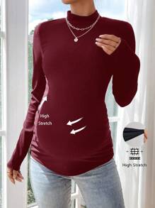 SHEIN 1 件孕妇秋季立领长袖罗纹修身 T 恤，适合孕妇 - 酒紅色 - 查看 1