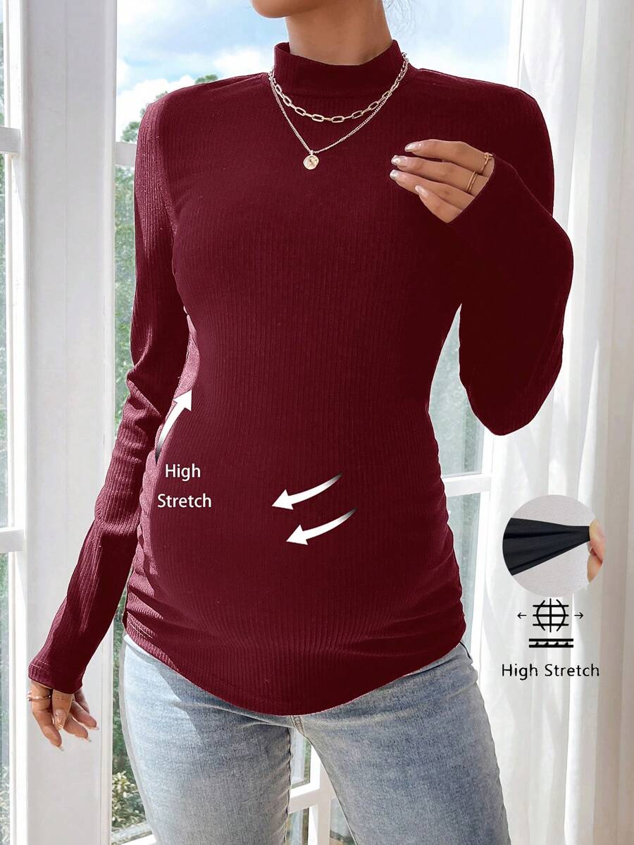 SHEIN 1 件孕妇秋季立领长袖罗纹修身 T 恤，适合孕妇 - 酒紅色 - 查看 1