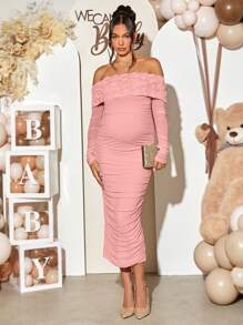 Loomaby 孕妇性别暴露连衣裙女式纯色 RBardot 网眼花卉露肩扭褶优雅长袖连衣裙中长连衣裙适合婴儿送礼会孕妇装 - 粉色 - 查看 4