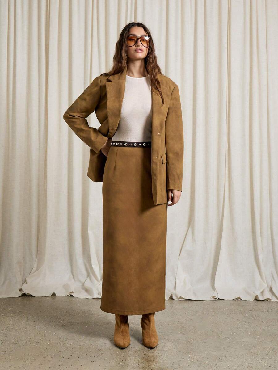 AiiRZ 西部仿麂皮 A 字中长裙 - 棕色 - 查看 1