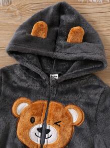 SHEIN Leap Crew 2 件套男婴/女婴可爱卡通熊图案羊毛连帽衫运动衫和松紧腰裤套装，适合秋冬季 - 彩色 - 查看 6