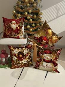 Juego de 4 fundas decorativas de terciopelo con diseños navideños de Papá Noel, muñeco de nieve y flor de Pascua, con cierre de cremallera contemporáneo en rojo y dorado, de poliéster tejido de 18x18 pulgadas, lavables a máquina para sofá, dormitorio y sala de estar - No incluye relleno, decoración de otoño, decoración de temporada