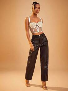 SHEIN Unity 1 条女式纯色纽扣前口袋简约设计长裤，休闲日常穿着